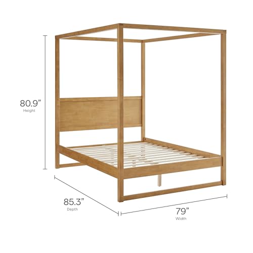 Alva King Size 4-Post Wood Platform Canopy Bed in Oak – with Headboard and Solid Rubberwood Frame