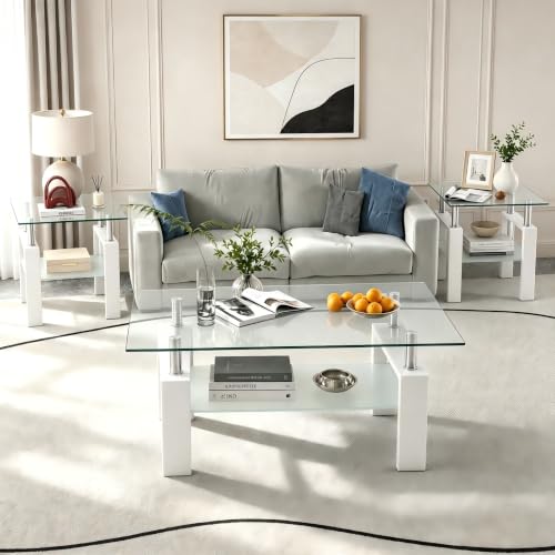 3-Piece Coffee Table Set, Glass Coffee Table with 2 End Tables