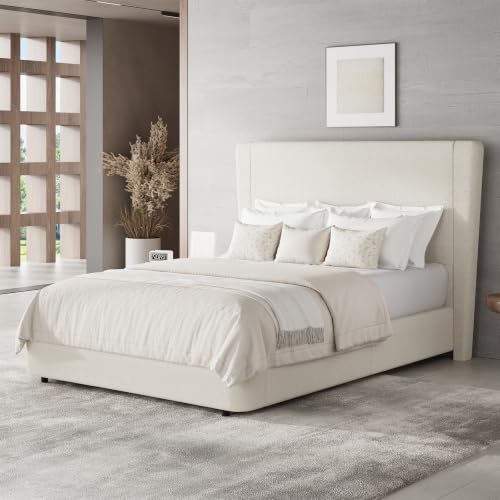 Boucle Queen Bed Frame, 51.2" Wingback Headboard, Beige