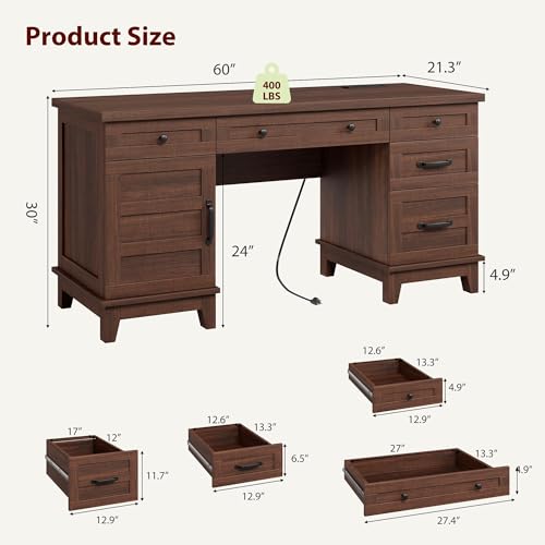 60" Farmhouse Executive Desk with File Drawers, Rustic Brown