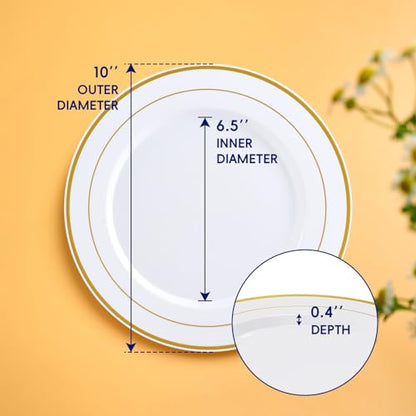 JOLLY CHEF 100 Pieces Gold Plastic Plates, 10 Inch Elegant Disposable Dinner White with Gold Rim, Disposable Plastic Plates for Christmas, Birthdays and Weddings - style: Gold-100