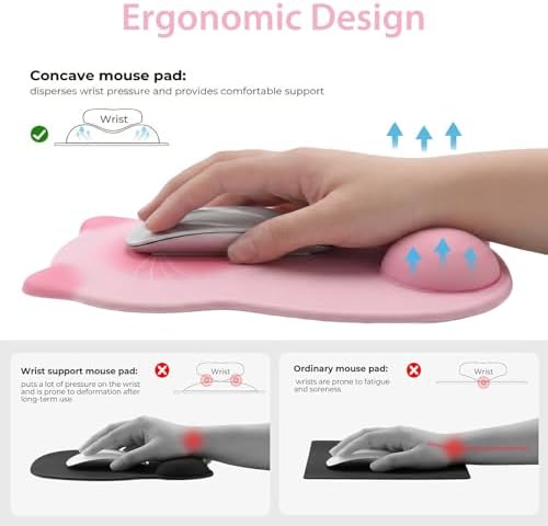 Gel Mouse Pad with Wrist Rest for Mouse Ergonomic Cat Mouse Wrist Rest Non-Slip Silicone Cute Mousepad with Wrist Support for Computer Desk Gaming Laptop Home Office Desk Accessories Pink