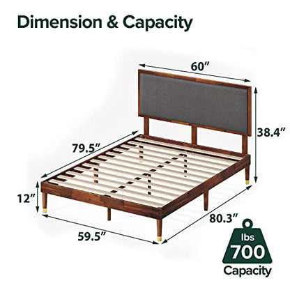 Raymond Wood Platform Bed Frame with Adjustable Upholstered Headboard, Solid Wood Foundation, Wood Slat Support, No Box Spring Needed, Easy Assembly, Queen