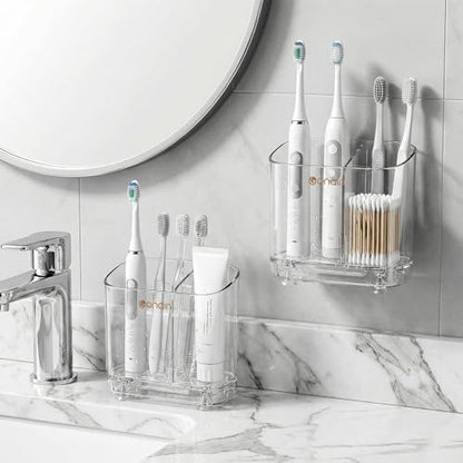 Acrylic Electric Toothbrush Holder with Detachable Base, 2 Slots Wall-Mounted Bathroom Storage Caddy, Clear Makeup Brush Organizer with Removable Divider for Toothpaste, Razors, Kitchen & Office Desk