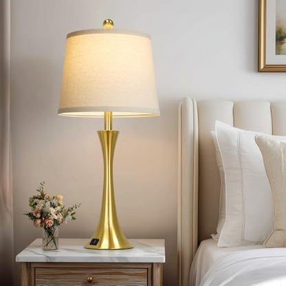 Rinweey 27.5" Gold Lamps for Living Room, Touch Control 3-Way Dimmable Bedside Nightstand Lamps Bedroom Lamp,Modern Gold Table Lamp with USB A+C Ports,Tall Lamps for Living Room End Table（1Pack）