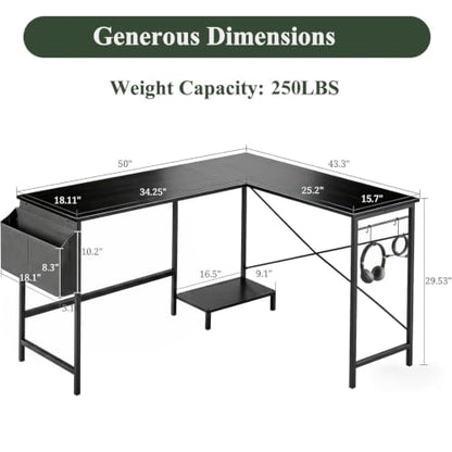 L Shaped Desk, 50 Inch Reversible Computer Desk with CPU Stand