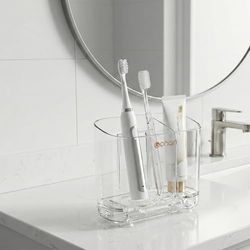 Acrylic Electric Toothbrush Holder with Detachable Base, 2 Slots Wall-Mounted Bathroom Storage Caddy, Clear Makeup Brush Organizer with Removable Divider for Toothpaste, Razors, Kitchen & Office Desk