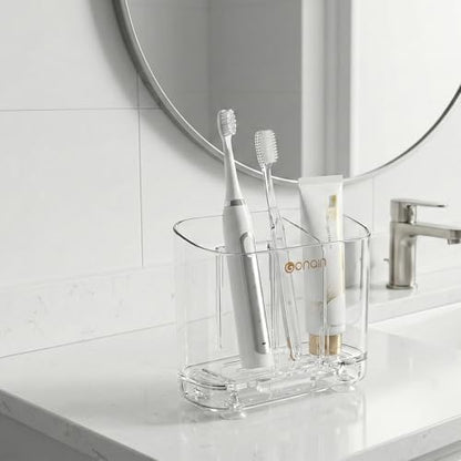 Acrylic Electric Toothbrush Holder with Detachable Base, 2 Slots Wall-Mounted Bathroom Storage Caddy, Clear Makeup Brush Organizer with Removable Divider for Toothpaste, Razors, Kitchen & Office Desk