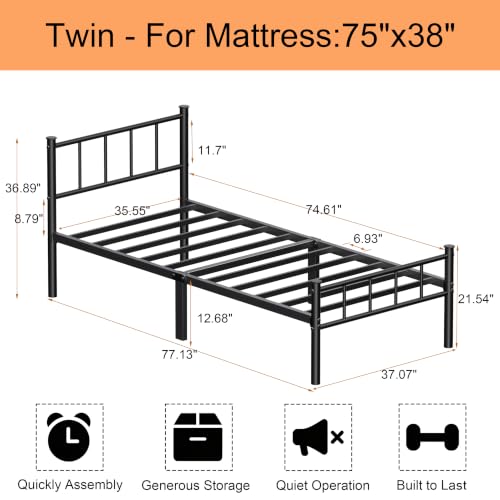 Twin Bed Frame with Headboard,Steel Slat Support,Easy Assembly
