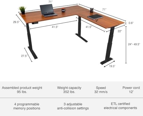 S STAND UP DESK STORE Triple Motor Electric L-Shaped Corner Standing Desk with EZ Assemble Frame (Black Frame/Teak Top, 71in W x 71 inch D