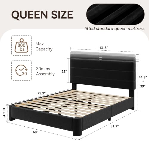 Queen Size Platform Bed Frame with Velvet Upholstered Headboard