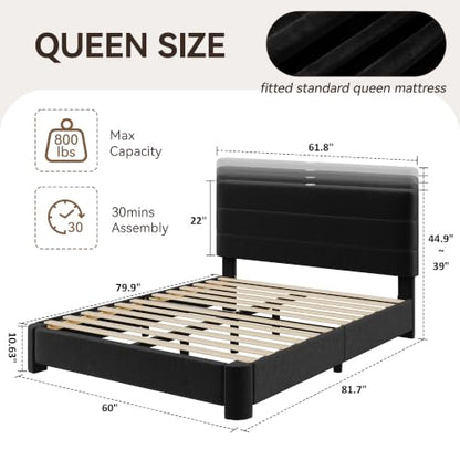 Queen Size Platform Bed Frame with Velvet Upholstered Headboard