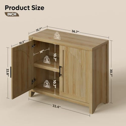 37 "W Fluted Sideboard Buffet Cabinet with Storage, Natural Oak