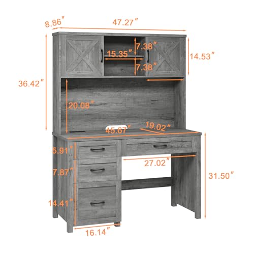 Farmhouse 67" H Executive Desk with Hutch & Drawers, Grey