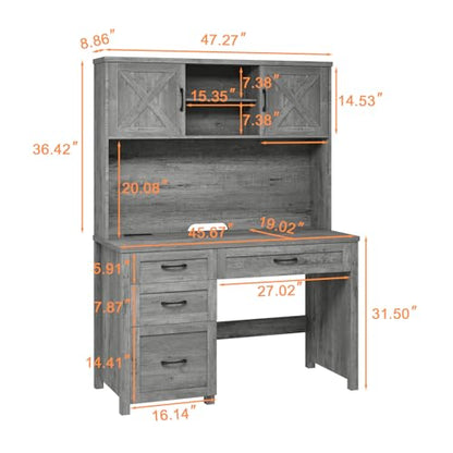 Farmhouse 67" H Executive Desk with Hutch & Drawers, Grey