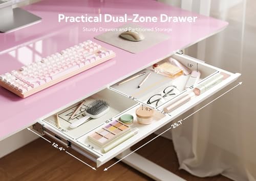 INNOVAR Glass Standing Desk with Drawers 55×24 Inch Morandi Powder