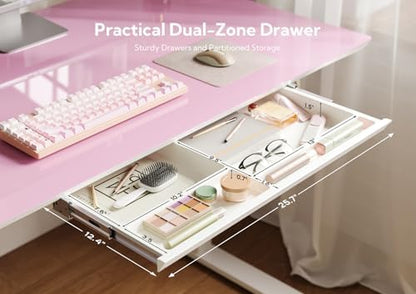 INNOVAR Glass Standing Desk with Drawers 55×24 Inch Morandi Powder