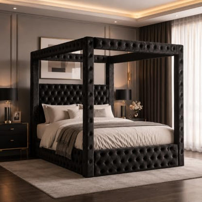 Queen Size Canopy Bed Frame, Velvet Upholstered Bed with Headboard, Black