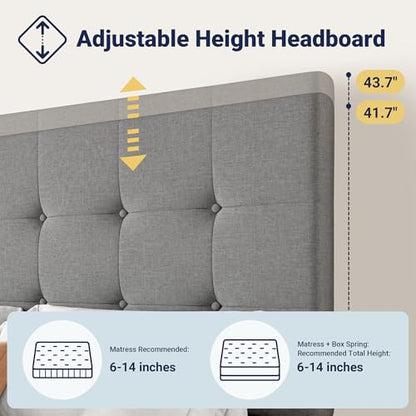 King Size Storage Bed Frame with 4 Underbed Drawers, Upholstered Platform Bed with Adjustable Headboard, Square Button Tufted, Easy Assembly, Noise-Free, No Box Spring Needed, Light Grey