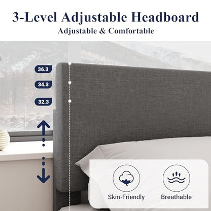 Full Size Upholstered Bed Frame Adjustable Headboard, Dark Grey