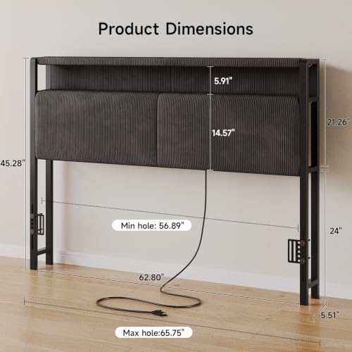 Corduroy Queen Size Headboard with Storage, Dark Grey