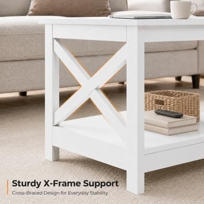 White Coffee Table for Living Room, X-Design Storage Shelf, 39.5"