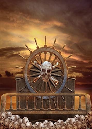 BELECO 6.5x10ft Fabric Pirate Backdrop Halloween Pirate Decorations Pirate Steering Wheel Scary Skulls Gloomy Sky Photography Background Kids Adult Pirate Theme Party Event Decoration Photoshoot Props - size: 6.5x10FT