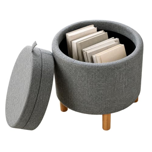 Round Storage Ottoman with Tray, Accent Storage Footstool, Gray