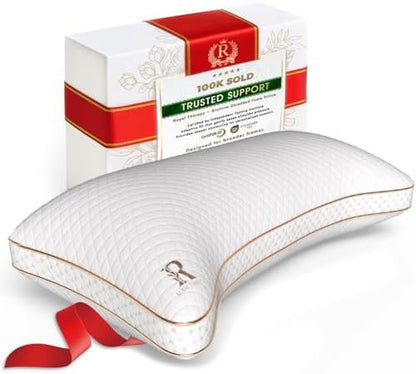 Royal Therapy Queen Memory Foam Pillow, Adjustable Shredded Odor-Free Cut-Out Bed Pillow for Neck & Shoulder Pain Relief, Breathable Support for Back, Stomach, Side Sleepers, BioForm