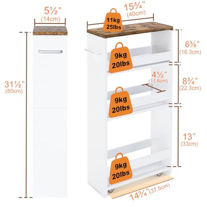 Slim Rolling Storage Cart, Wood 4-Tier Narrow Kitchen/Laundry Cart