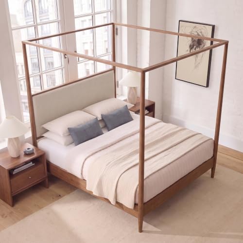 Canopy Bed Frame Queen Size with Tall Upholstered Headboard, Walnut