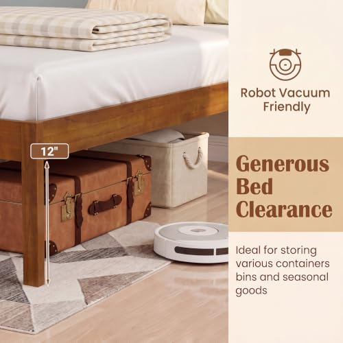 Queen Size Bed Frame, Farmhouse Wooden Platform Bed with Headboard
