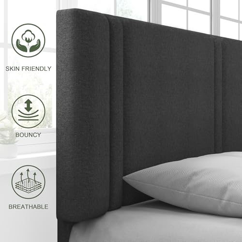 Queen Platform Bed Frame, Fabric Upholstered Queen Bed Frame, Solid Wood Slats & Heavy Duty Feet Support, No Box Spring Needed, Noise-Free, Easy Assembly, Dark Grey
