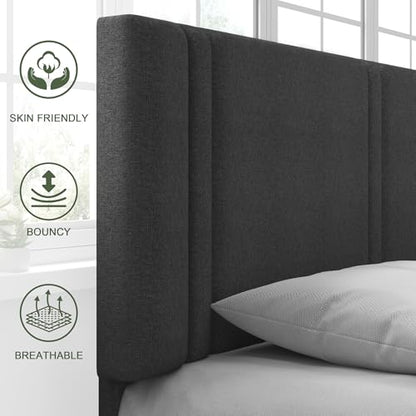 Queen Platform Bed Frame, Fabric Upholstered Queen Bed Frame, Solid Wood Slats & Heavy Duty Feet Support, No Box Spring Needed, Noise-Free, Easy Assembly, Dark Grey