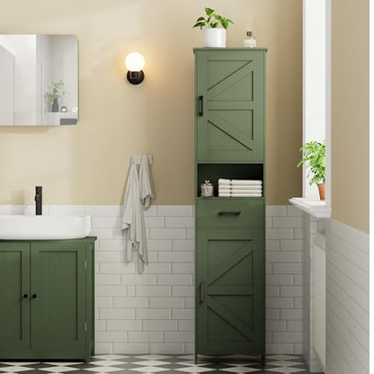 67" H Tall Bathroom Storage Cabinet with Barn Doors and Drawer