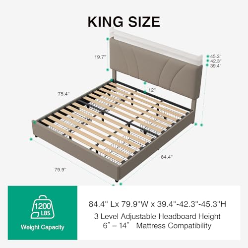 King Size Bed Frame with Drawers/Charging Station/LED Light, Beige