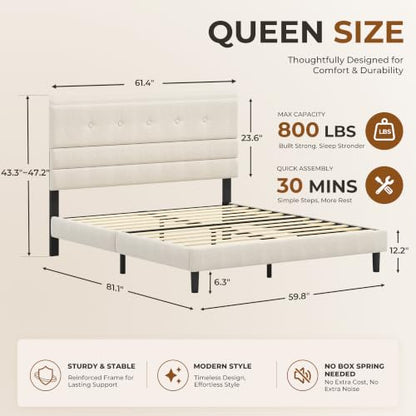 Queen Size Bed Frame with Linen Fabric Headboard, Adjustable Height Upholstered Platform Bed Frame with Wooden Slats, Easy Assembly, Beige