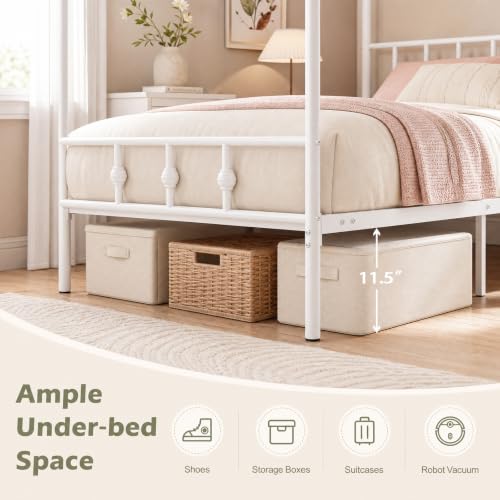 Twin Canopy Bed Frame with Headboard and Footboard (White)