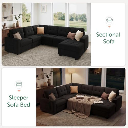 111.4'' Modular Sectional Sleeper Sofa with Pull Out Bed,Black