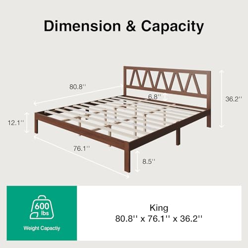 12inch King Bed Frame Wooden King Bed Frame and Headboard, Solid Wood King Size Bed Frame with Headboard, No Box Spring Needed, Easy Assembly, Walnut