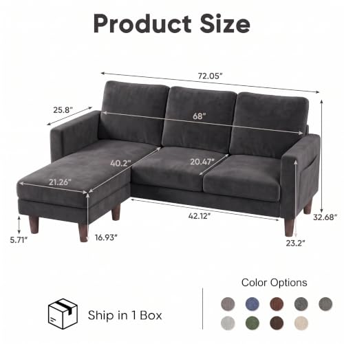 72" L Shaped Sofa Couches for Small Spaces, Apartment Charcoal Gray