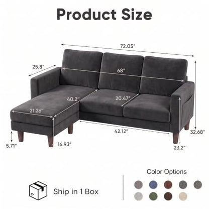72" L Shaped Sofa Couches for Small Spaces, Apartment Charcoal Gray