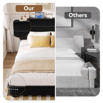 Queen Size Platform Bed Frame with Velvet Upholstered Headboard
