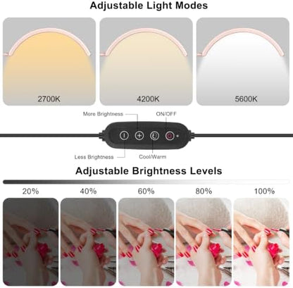 Professional Half Moon LED Desk Light for Nail Techs & Artists – Flexible Gooseneck Lamp with Clamp, 3 Color Modes & 5 Brightness Levels for Manicure, Tattoo, Beauty Work