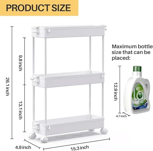 Slim Rolling Storage Cart, 3 Tier Bathroom Cart Organizer,White