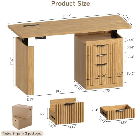 ONBRILL 55" Electric Standing Desk with File Cabinet & Storage, Oak Brown
