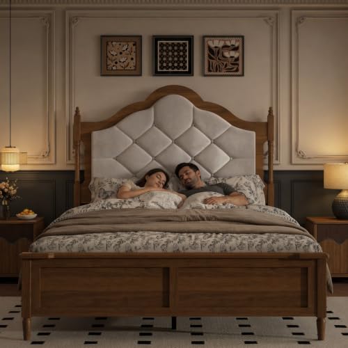 Queen Size Platform Bed Frame with Upholstered Headboard, Mid Century Modern Wood Bed Frame with Panel Footboard, No Box Spring Needed, Heavy Duty Support for Master Bedroom