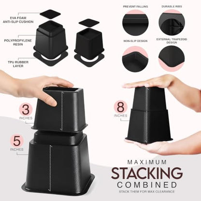 Adjustable Bed Risers 3 & 5 Inch, Black, 36-Pack