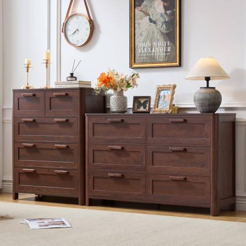 Farmhouse 6 Drawer Dresser for Bedroom, Walnut