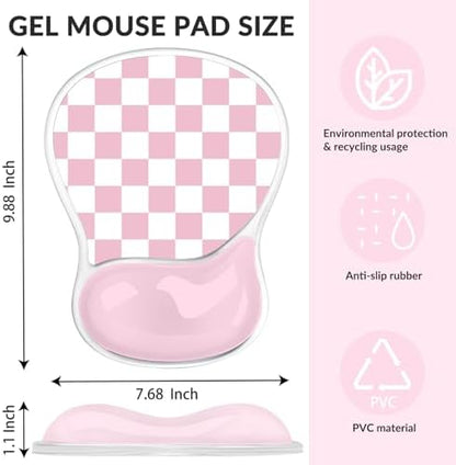 Gel Mouse Pad with Wrist Rest for Mouse Ergonomic Mouse Wrist Rest Non-Slip Silicone Checkered Mousepad with Wrist Support for Computer Desk Gaming Laptop Home Office Desk Accessories Pink Plaid